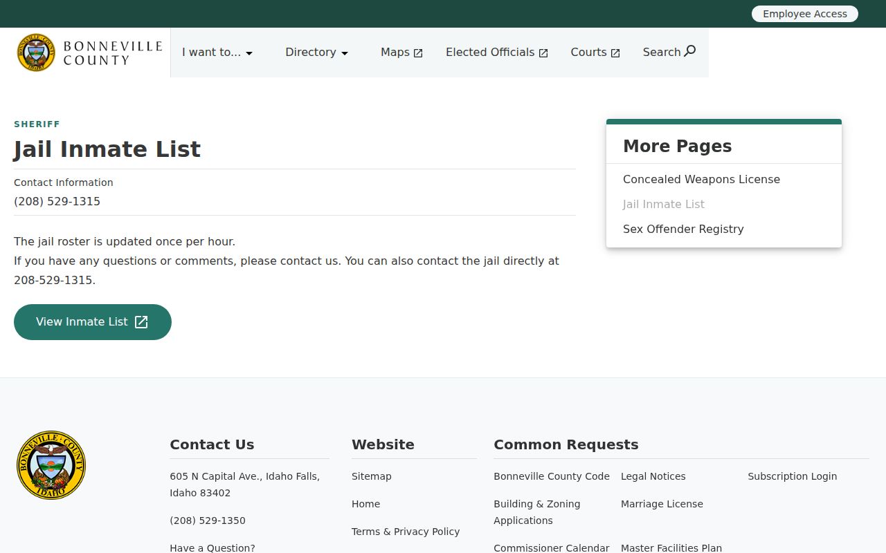 Bonneville County arrest lookup through the hourly jail inmate list