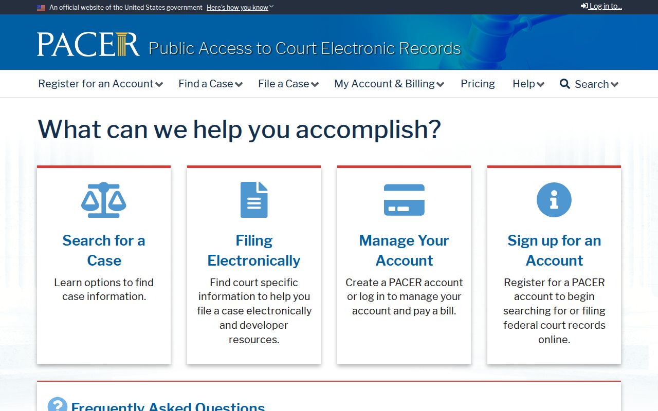 PACER federal court case search interface
