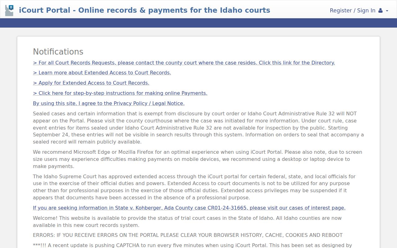 Idaho iCourt Smart Search interface for Bonneville County cases