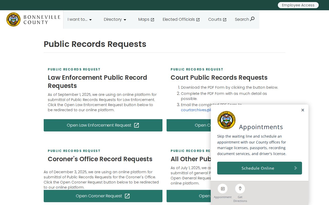 Bonneville County criminal records public request routes